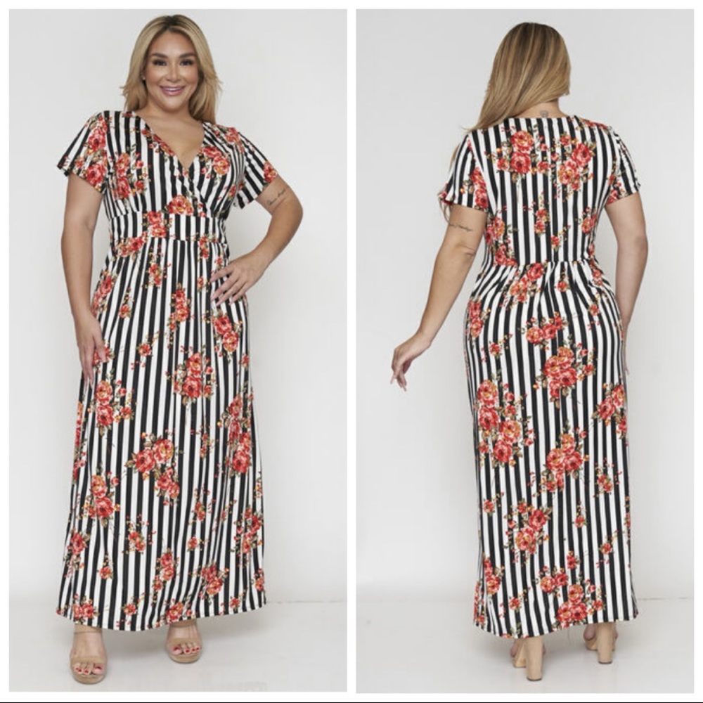 NEW PLUS Black White Stripe Floral Maxi Dress.  tags says 3X but fits size 4X.